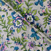 Pure Cotton Jaipuri Soft Grey With Blue Flower Jaal Hand Block Print Fabric