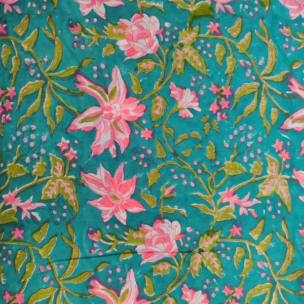 Pre-Cut 1.85 Meters Pure Cotton Jaipuri Teal Blue With Pink Lilies Hand Block Print Fabric