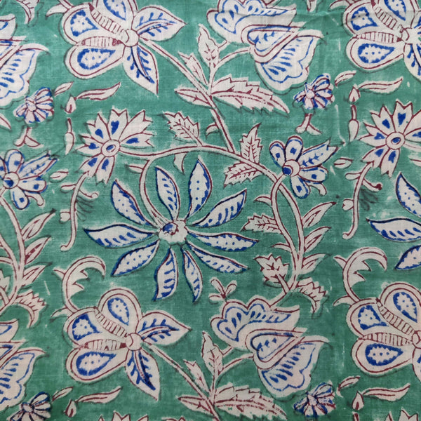 Pre-cut ( 2.20 meter)Pure Cotton Jaipuri Teal Green With White And Blue Jaal Hand Block Print Fabric