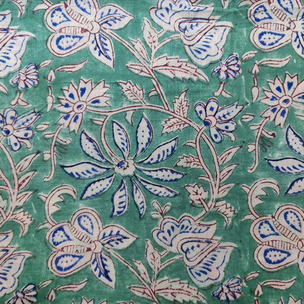 Pre-cut 2.20 meter Pure Cotton Jaipuri Teal Green With White And Blue Jaal Hand Block Print Fabric