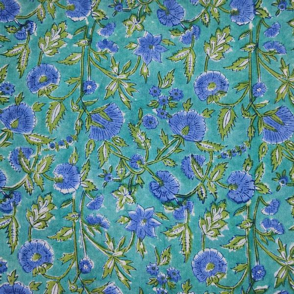 Blouse Piece 1 meter Pure Cotton Jaipuri Teal With Blue Tiny Foral Jaal Hand Bock Print Fabric