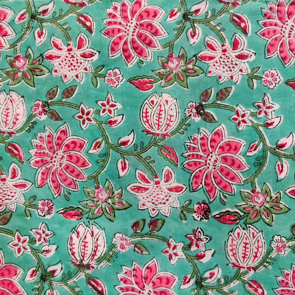 Pre-cut Pure Cotton Jaipuri Teal With Green Pink White Jaal Hand Block Print Fabric( 1.60 meter)