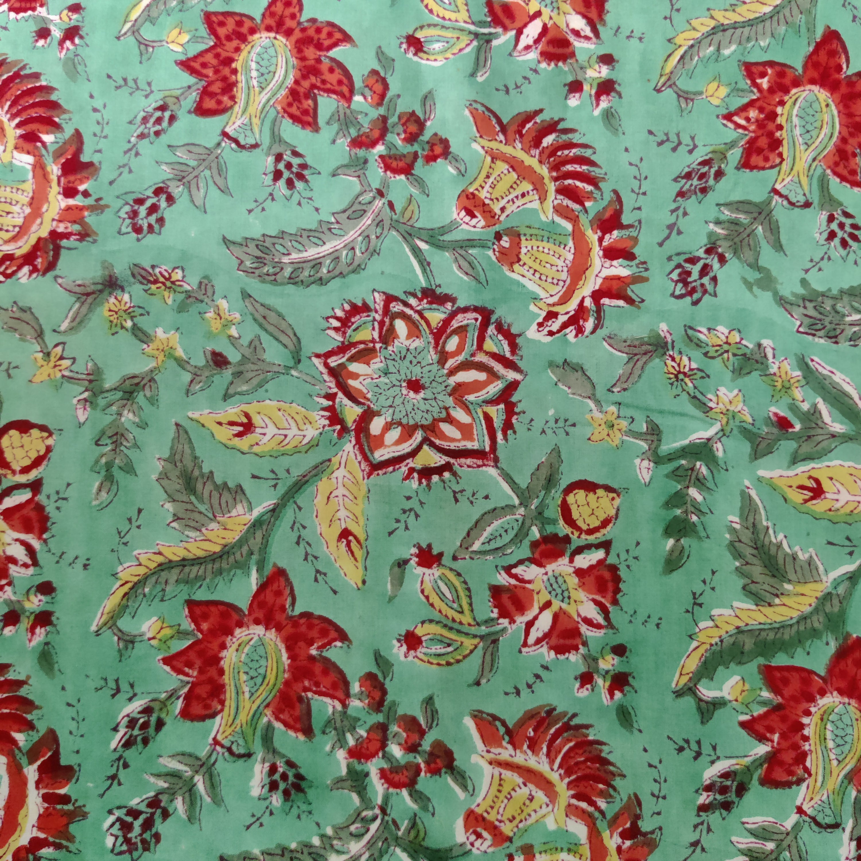 Pure Cotton Jaipuri Teal With Orange Red Wild Flower Jaal Had Block Pr ...