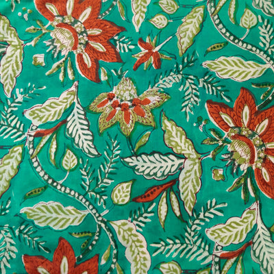 Pure Cotton Jaipuri Teal With Red Wild Flower Jaal Hand Block Print Fabric