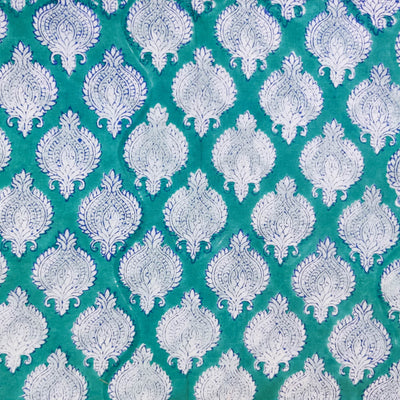 Precut 2.35 Meter Pure Cotton Jaipuri Teal With Tribal Motif Hand Block Print Fabric
