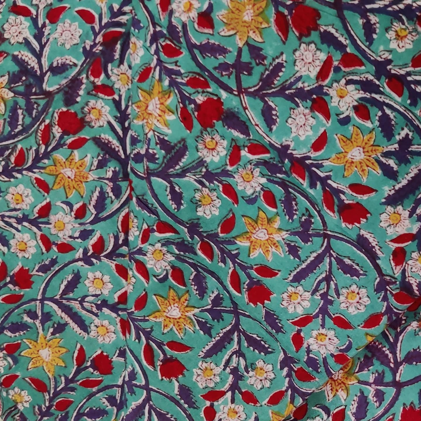 Pure Cotton Jaipuri Teal With Yellow Red White Floral Jaal Hand Block ...