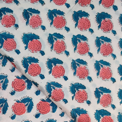 Pure Cotton Jaipuri White Pink And Blue  Motifs Hand Block Print Fabric