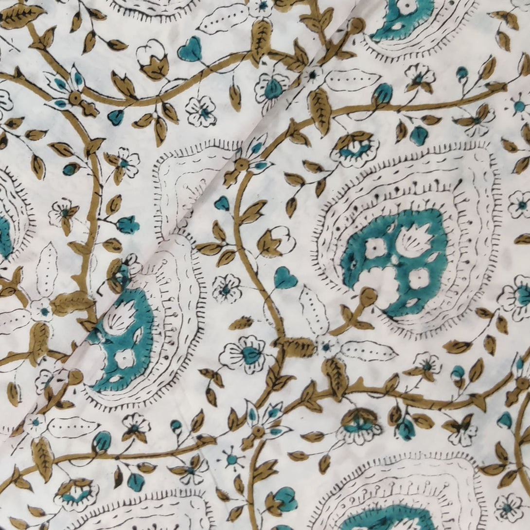 Pure Cotton Jaipuri White With All Over Pattern Blue Wild Flowers Hand ...
