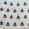 Pure Cotton Jaipuri White With Blue And Brown Boats Hand Block Print Fabric
