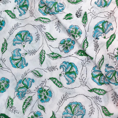 Pure Cotton Jaipuri White With Blue And Green Jaal Hand Block Print Blouse Fabric ( 90 cm )