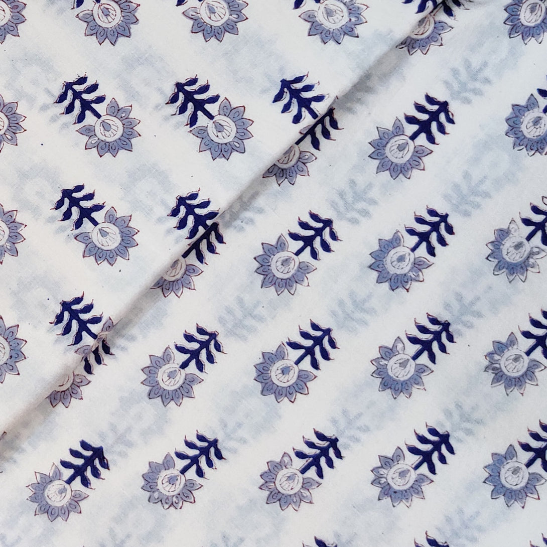 Pure Cotton Jaipuri White With Blue And Grey Flowers Motifs Hand Block ...
