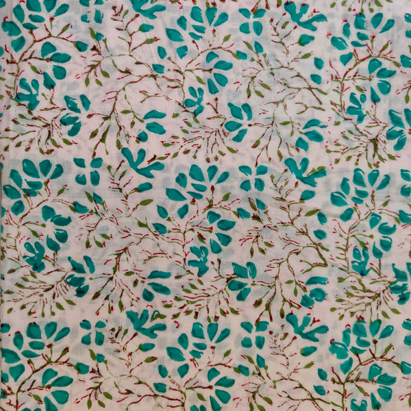 Pre-cut Pure Cotton Jaipuri White With Blue Leafy Jaal Hand Block Print Fabric( 2 meter)