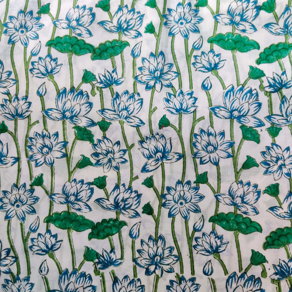 Pre-cut 2 meter Pure Cotton Jaipuri White With Blue Lotus Hand Block Print Fabric