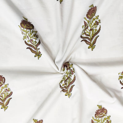 Pure Cotton Jaipuri White With Brown  Flowers Motifs Hand Block Print Fabric