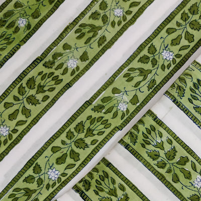 Pure Cotton Jaipuri White With Green Border Creeper Hand Block Print Fabric