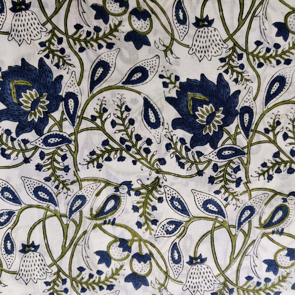 Pure Cotton Jaipuri White With Green Jaal And Blue Big Wild Floral Jaal Hand Bock Print Blouse Fabric (1 Meter)