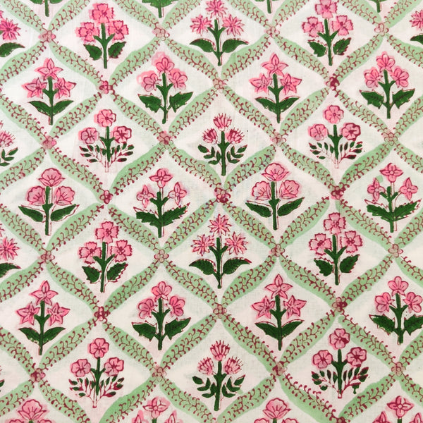 Pure Cotton Jaipuri White With Green Jaali And Pink Tiny Flowers In Between Hand Block Print Fabric