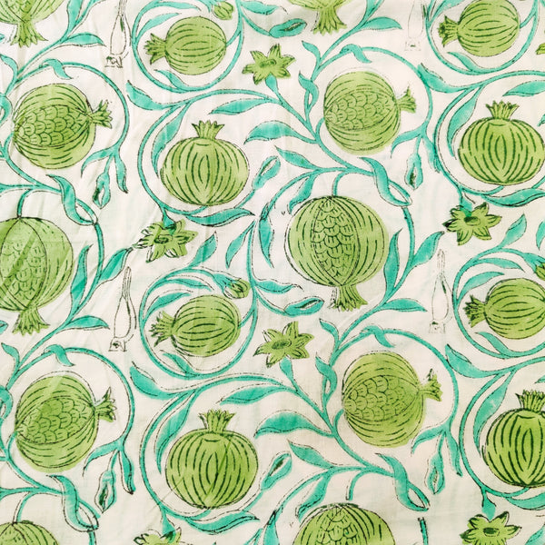 Pre-cut 2.40 meter Pure Cotton Jaipuri White With Green Pomogranate Jaal Hand Block Print Fabric