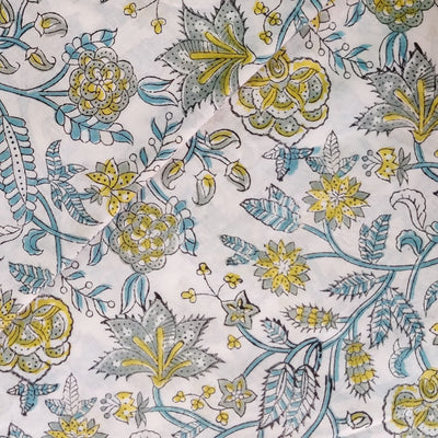 Pure Cotton Jaipuri White With Green Wild Flower Jaal Hand Block Print Fabric