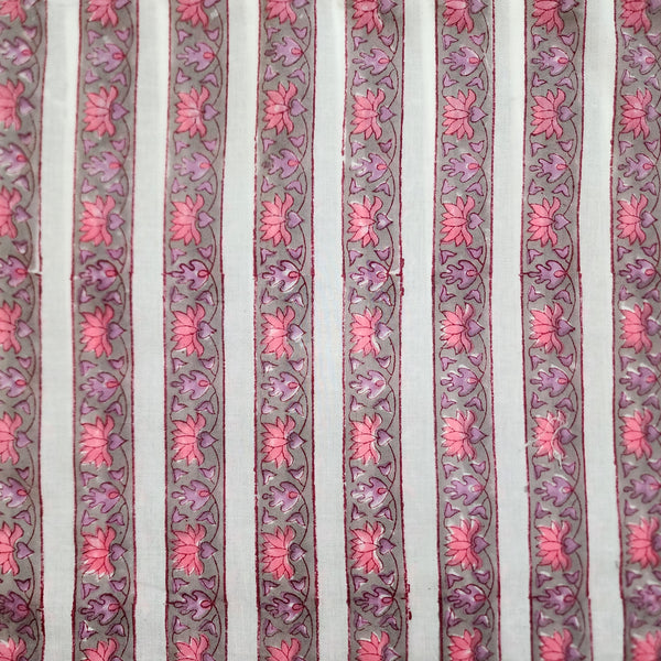 Pure Cotton Jaipuri White With Grey And Pink Lotus flower Border Hand Block Print Fabric