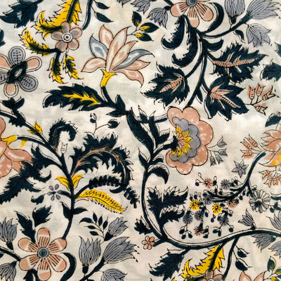 Pure Cotton Jaipuri White With Grey Dark Teal Yellow And Light Peach Wild Flower Jaal Hand Block Print Fabric