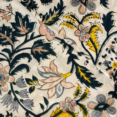 Pure Cotton Jaipuri White With Grey Dark Teal Yellow And Light Peach Wild Flower Jaal Hand Block Print Fabric