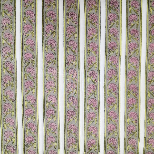 Pure Cotton Jaipuri White With Grey Pink Creeper Border Hand Block Print Fabric