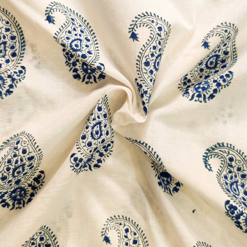Pure Cotton Jaipuri White With Kairi Motif Hand Block Print Fabric