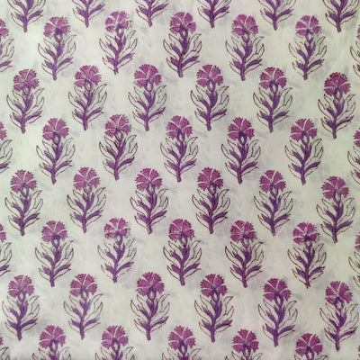 Pre-cut 1.5 meter Pure Cotton Jaipuri White With Lavender Floral Motif Hand Block Print Fabric