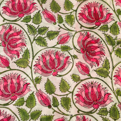 Pure Cotton Jaipuri White With Lotus Jaal Hand Block Print Blouse Fabric ( 95 Cm )