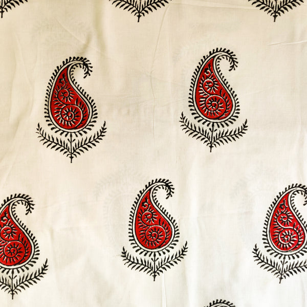 Pure Cotton Jaipuri White With Maroo Kairi Mughal Hand Block Print Fabric