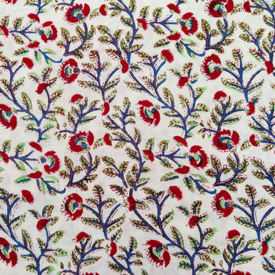 Pre-Cut 1.5 Meter Pure Cotton Jaipuri White With Maroon Blue Orange Floral Jaal Hand Block Print Fabric