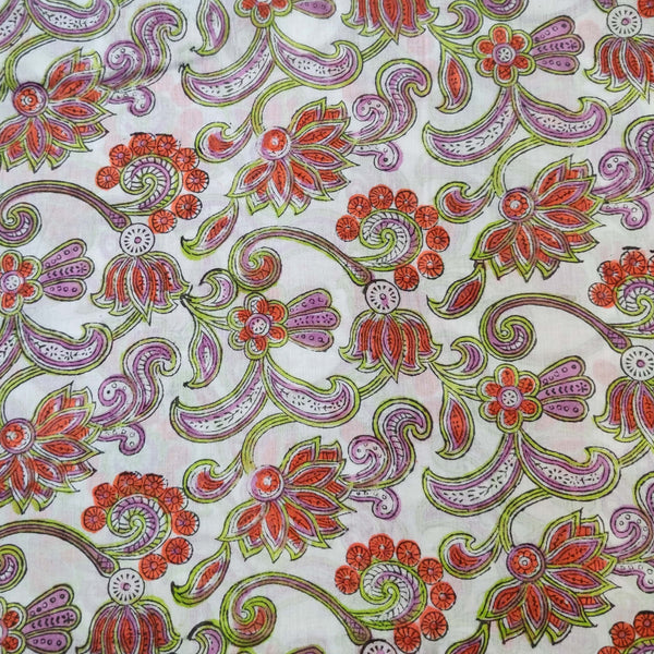 Pure  Mul Cotton Jaipuri White With Multi Floral Jaal Hand Block Print Fabric