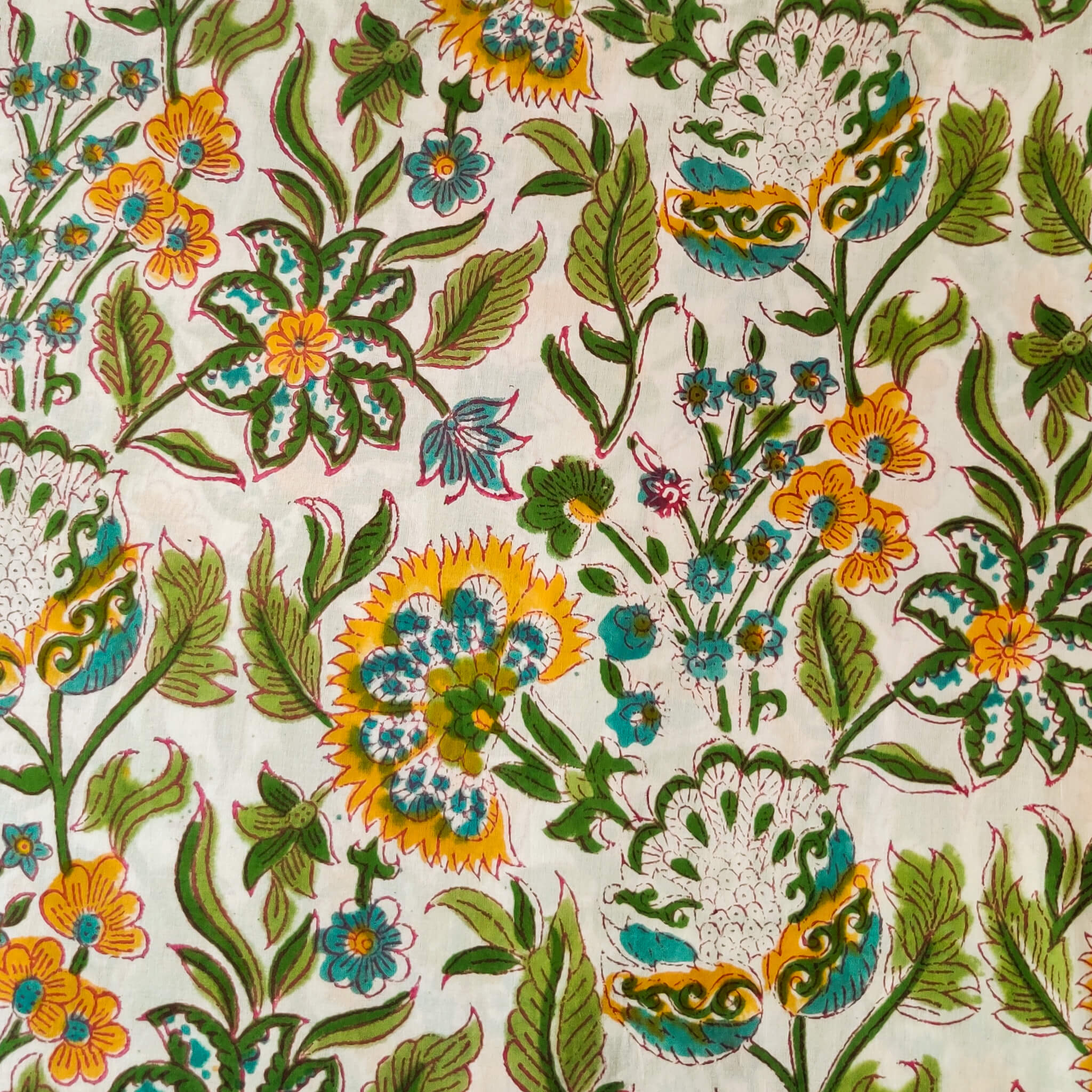 Pure Cotton Jaipuri White With Multi Wild Flower Jaal Hand Block Print ...