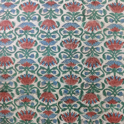 Pure Cotton Jaipuri White With Orange Blue Floral Jaal Hand Block Print Fabric