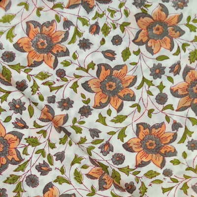 Pure Cotton Jaipuri White With Orange Grey Floral Jaal Hand Block Print Fabric