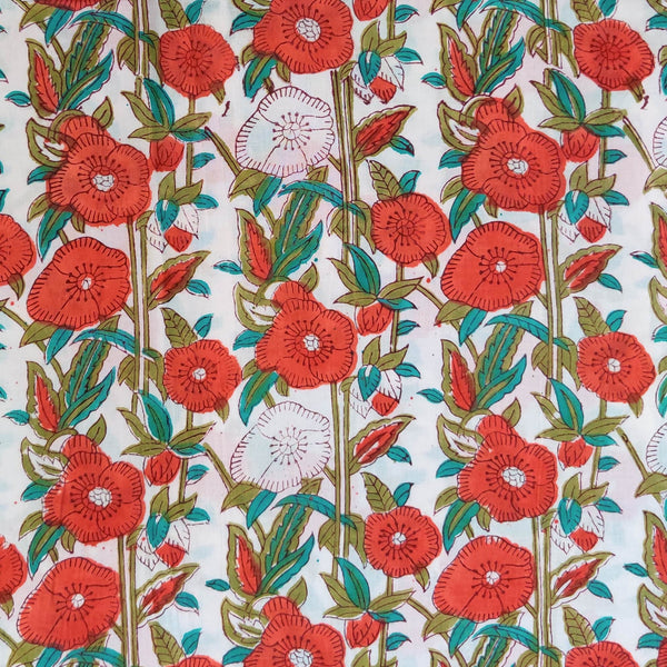 Pre-cut Pure Cotton Jaipuri White With Orange White Bamboo Flowers Stripes Hand Block Print Fabric( 2 meter)