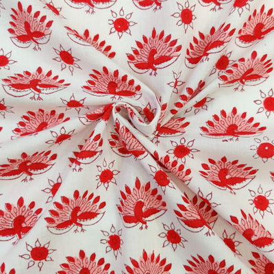 Pre- cut ( 1.45 meter ) Pure Cotton Jaipuri White With Peach Red Dancing Peacock Hand Block Print Fabric