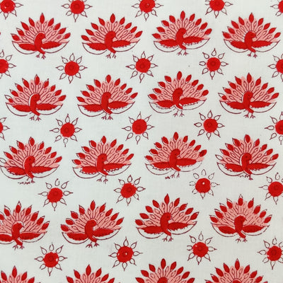 Pre- cut ( 1.45 meter ) Pure Cotton Jaipuri White With Peach Red Dancing Peacock Hand Block Print Fabric