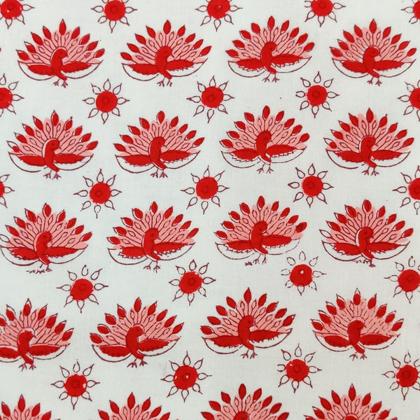Pre-cut 2.35 meter Pure Cotton Jaipuri White With Peach Red Dancing Peacock Hand Block Print Fabric