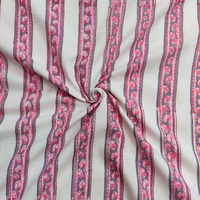 Pure Cotton Jaipuri White With Pink And Grey Intricate Border Hand Block Print Fabric