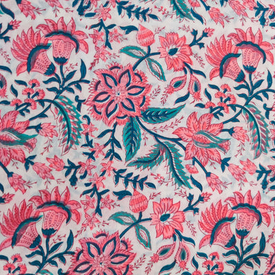 VPure Cotton Jaipuri White With Pink And Teal Wild Floral Jaal Hand Block Print Fabric