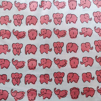 Pure Cotton Jaipuri White With Pink Baby Elephant Hand Block print Fabric