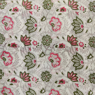 Pre-cut 1.90 meter Pure Cotton Jaipuri White With Pink Green Wild Jaal Hand Block Print Fabric