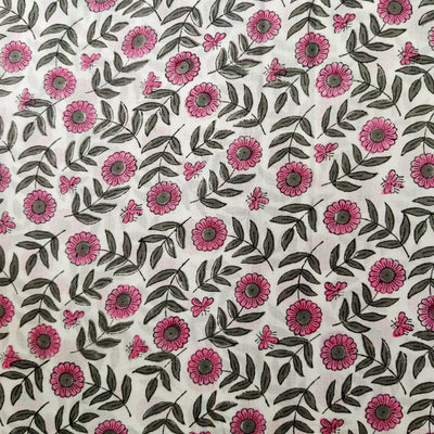 Pure Cotton Jaipuri White With Pink Grey Fallen Flowers