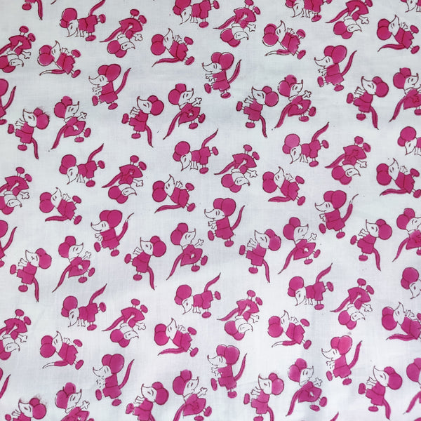 Pure Cotton Jaipuri White With Pink Mickey Mouse Hand Block Print Fabric