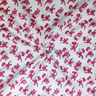 Pure Cotton Jaipuri White With Pink Mickey Mouse Hand Block Print Fabric