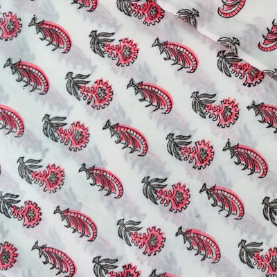 Pure Cotton Jaipuri White With Pink  Multi Wild Flower Motif Hand Block Print Fabric