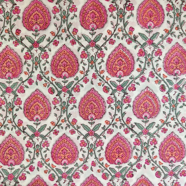 Pure Cotton Jaipuri White With Pink Orange Jaali Hand Block Print Fabric