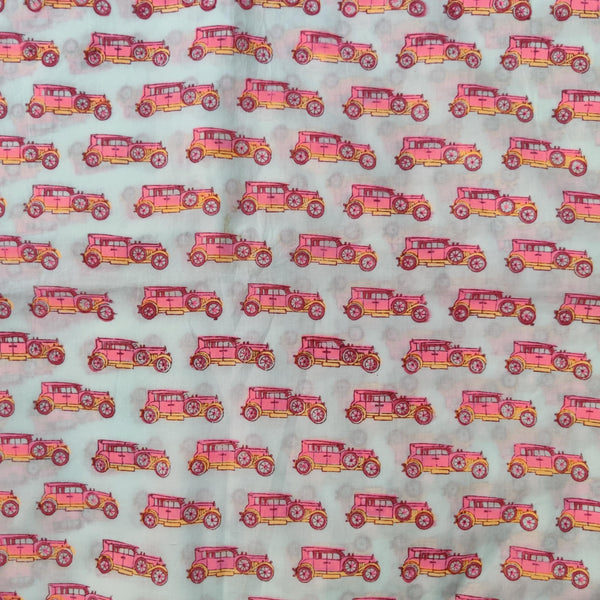 Pre-cut 2 meter Pure Cotton Jaipuri White With Pink Vintage Cars Hand Block Print Fabric